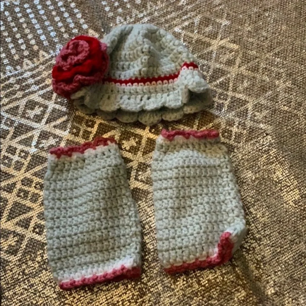 Handmade Crocheted baby hat and warmers